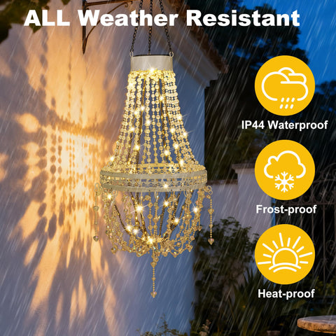 Outdoor Solar Crystal Pendant Lantern Chandelier hanging in the rain, showcasing waterproof feature with warm white LED glow.
