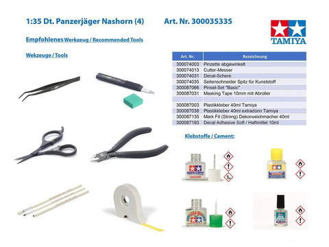 Tools and cement for assembling Beefy 1/35 Nashhorn Heavy Tank Destroyer Kit With Four Winter Figures, including tweezers and cutters.