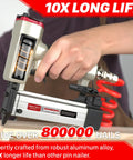 Hella Smooth Pneumatic Pin Nailer 23 Gauge With Badass Air Pressure Control and 2160 Premium 1/2 To 1-3/8 Stainless Pins, close-up of pin nailer