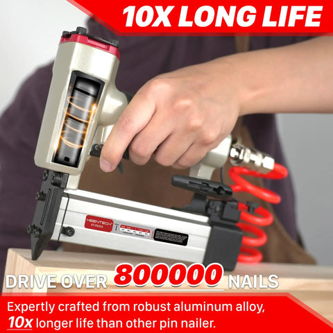 Hella Smooth Pneumatic Pin Nailer 23 Gauge With Badass Air Pressure Control and 2160 Premium 1/2 To 1-3/8 Stainless Pins, close-up of pin nailer
