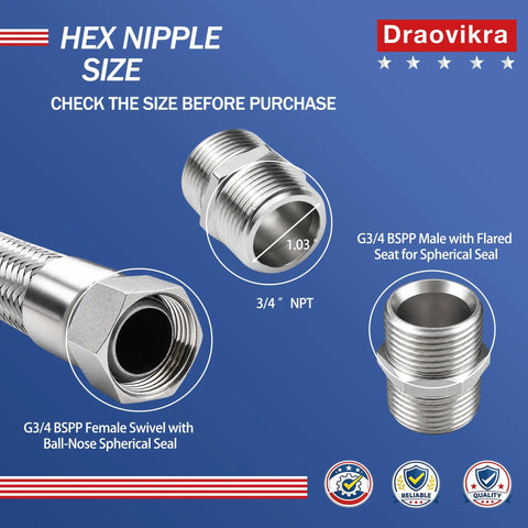 Heavy Duty 3/4 Inch Jumper Hose For Air Compressor 20 Inches Long With Swivel NPT To BSPP Adapter 870 PSI Hex nipple sizes shown for compatibility.
