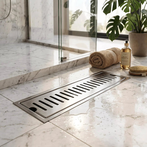 Oreilet Linear Shower Drain 12 Inch Floor Drain with Hair Catcher installed on marble bathroom floor with a towel and shower gel.