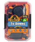 Real Deal Heavy Duty Retractable Ratchet Tie Down Straps Orange One Inch By Sixteen Feet Two Pack in a reusable case.