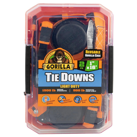 Real Deal Heavy Duty Retractable Ratchet Tie Down Straps Orange One Inch By Sixteen Feet Two Pack in a reusable case.