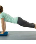 Woman performs plank exercise using Teeter Core Restore Inflatable Lumbar Support Cushion for back pain relief.