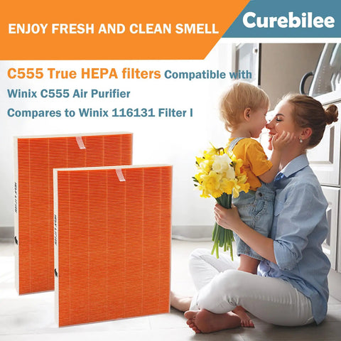 Mother and child with Replacement Filter I For C555 Air Cleaner Purifier H13 True HEPA Filter, orange filters in background