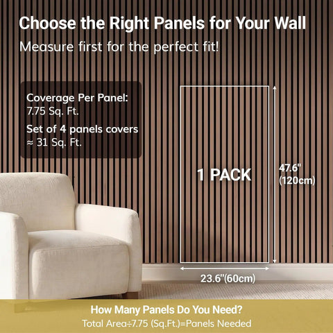 Heavy Duty Rock Solid Wood Veneer Wall Panels with Game Changing Acoustic Treatment and Superior Sound Dampening for Bedroom or Studio Setup 4 Pack 47.2 X 23.6 Inch Acoustic Panels measuring guide on wall with chair.