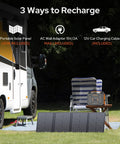 RV camping setup with Go To All In One Portable Power Station With 100W Solar Generator And Foldable 40W Panel on a chair.