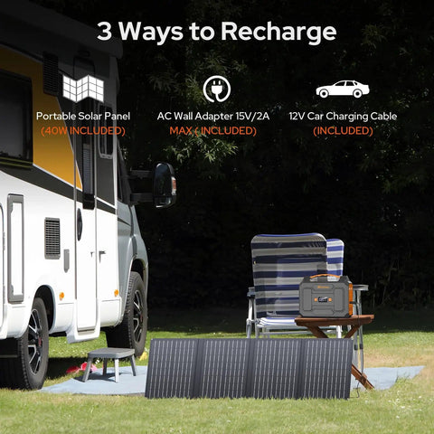 RV camping setup with Go To All In One Portable Power Station With 100W Solar Generator And Foldable 40W Panel on a chair.