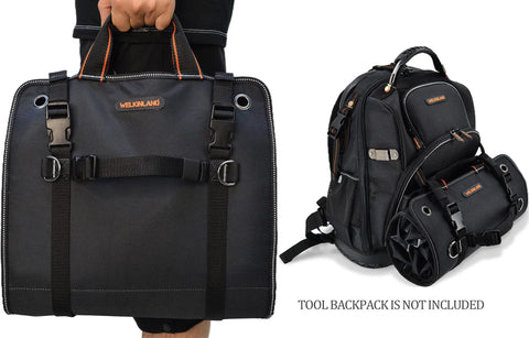 Roll Up Tool Organizer Bag For Mechanics, Electricians, And Bike Riders, 13 Pockets With 5 Large Zip Bags, shown with tool backpack