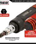Three Eighths Inch Drive Manual Reversible Impact Driver Kit With Flathead Bits, showing bit with non-slip rubber grip rings