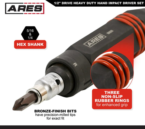 Three Eighths Inch Drive Manual Reversible Impact Driver Kit With Flathead Bits, showing bit with non-slip rubber grip rings