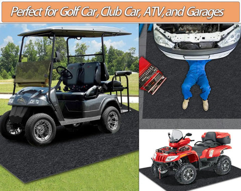 6.6 By 8.5 Foot Garage Floor Mat For Under Cart And Golf Cart Parking Oil Spill Mat With All Weather Backing Non Slip Reusable And Washable Rug For EZGO Club Car Yamaha ATVs Go Karts, shown under a golf cart and ATVs
