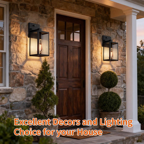 Dusk To Dawn Outdoor Wall Light With Automatic Sensor Solid Black Metal Coach Lantern Waterproof Porch Fixture No Stress Setup Straight Up Rock Solid Exterior Lighting For House mounted beside a front door.