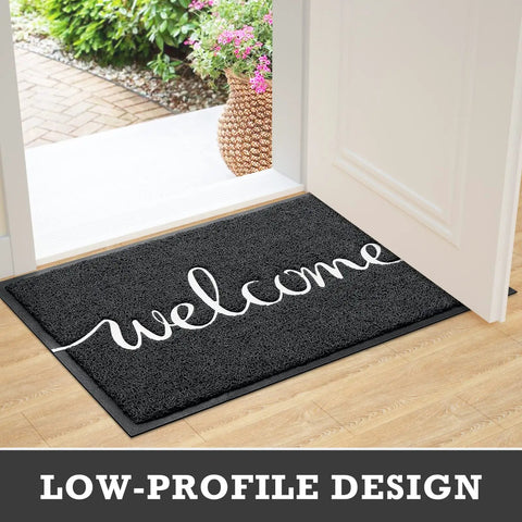 Black Door Mat For Entryway And High Traffic Areas, Non Slip Indoor Outdoor Welcome Mat With Low Profile Design.