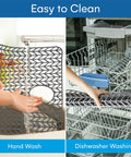 Image showing a 26 By 14 Inch Flexible Silicone Sink Mat With Non Slip Grid being hand washed and placed in a dishwasher.
