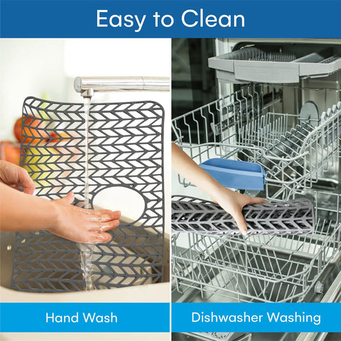 Image showing a 26 By 14 Inch Flexible Silicone Sink Mat With Non Slip Grid being hand washed and placed in a dishwasher.