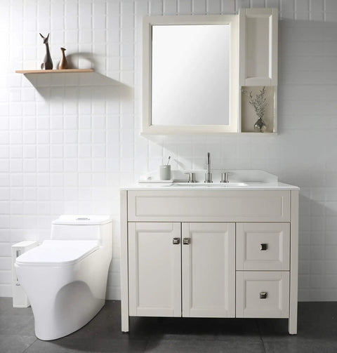 Bathroom with vanity, mirror, toilet, and Two Handle Widespread Bathroom Faucet In Brushed Nickel With Metal Pop Up Drain, cUPC Certified.