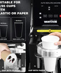 Hassle Free Commercial Cup Sealer Machine With Smart Heat Preservation Tech and Quick Auto Manual Switching for Reliable Plastic Food Packaging that Runs Tight and Flawless, showcasing operation with plastic and paper cups.