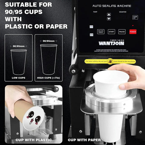 Hassle Free Commercial Cup Sealer Machine With Smart Heat Preservation Tech and Quick Auto Manual Switching for Reliable Plastic Food Packaging that Runs Tight and Flawless, showcasing operation with plastic and paper cups.