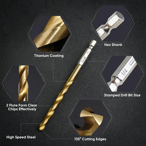 Titanium Coated Drill Bit Set With Hex Shank And 135 Degree Tip High Speed Steel Drill Bits Kit For Steel Aluminum Copper And Soft Alloys One Sixteenth Inch To One Quarter Inch Durable Sharpness And Fast Chip Ejection