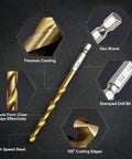 Dope Titanium Coated Drill Bit Set With Hex Shank And 135 Degree HSS Tips, showing features and close-up details