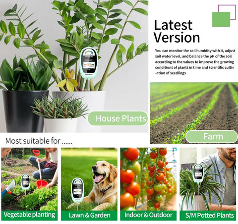 Image of 2 In 1 Soil Moisture And pH Meter Tester with dual screen placed in potted plants, suitable for gardens and lawns.