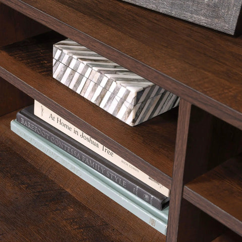 Close-up of Adjustable Shelf Library Hutch Space Saver Brown Industrial Style Desk Organizer And Bookshelf with books and box