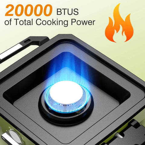 Close-up of burner on Two Burner Camping Stove With Windshield 20000 BTU Propane Camp Stove Portable Folding Gas Stove