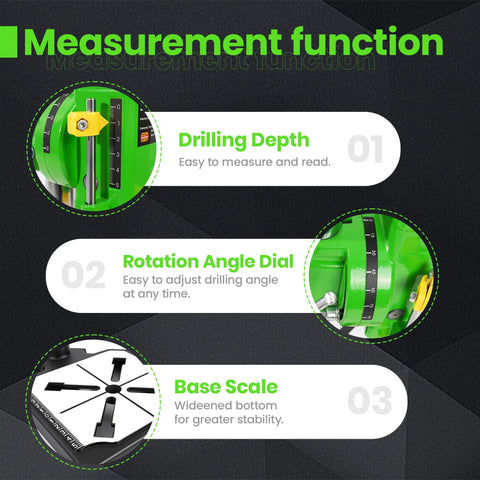 Measurement functions of Upgrade Floor Drill Press Rotary Tool Stand with drilling depth, rotation angle dial, base scale.