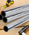 Insulated Pipe Foam Tubes Four Pack Pre Slit Self Adhesive 2 Inch 20mm Thick 40 cm Length, shown with tools for copper pipe installation.