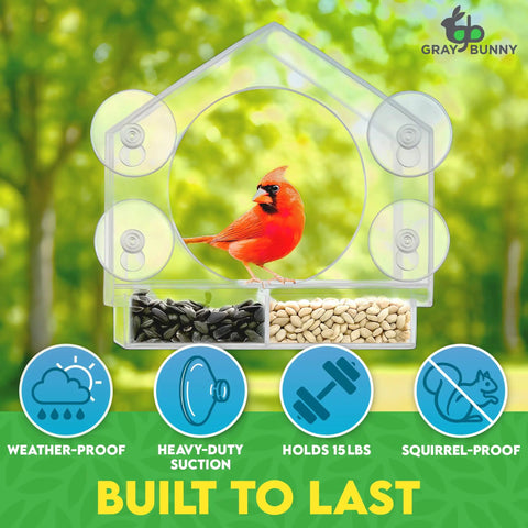 Window Bird Feeder With Ultra Strong Suction Cups For Easy Backyard Birding Clear Acrylic Body With Drain Holes And Removable Tray