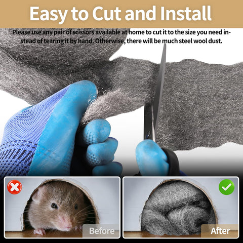 Four Pack Steel Wool For Mice Control 3.1 Inch By 13 Foot Coarse Grade Gap Filler, cutting demonstration with scissors
