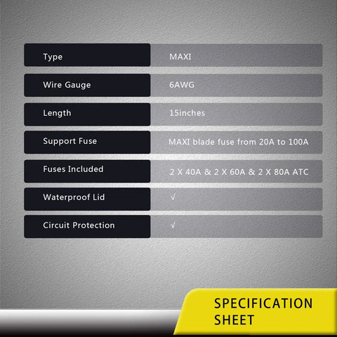 Specifications for Heavy Duty 2 Pack Waterproof Max In Line Fuse Holder With 6 Awg Pure Oxygen Free Copper Lead Wire.
