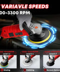 1600W Car Polisher With 7 Inch And 6 Inch Heads Variable Speed Polishing Machine For Detailing Includes 6 Foam Pads And 3 Wool Pads Waxing And Boat Polishing in use, showcasing 7 variable speeds from 500-3300 RPM.