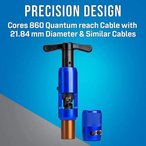 Hardline Coring And Stripping Tool Kit For 860QR Cable With 21.84 Mm Core Diameter, blue aluminum body with T-handle shown.