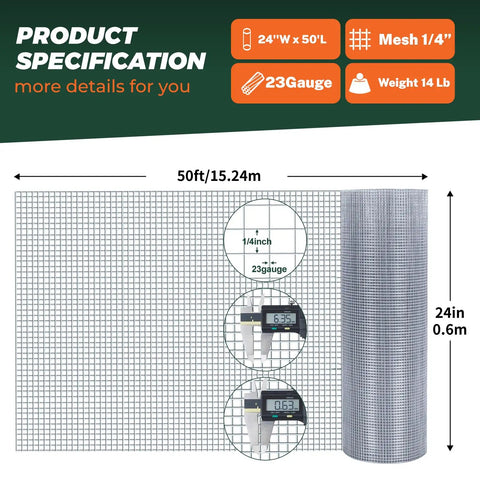 One Quarter Inch Welded Hardware Cloth Twenty Four By Fifty Foot Coil For Chicken Coop And Small Animal Pen With Hot Dipped Galvanized Finish To Lock Down Critters And Make Fence Work A Breeze specifications with size and gauge details.
