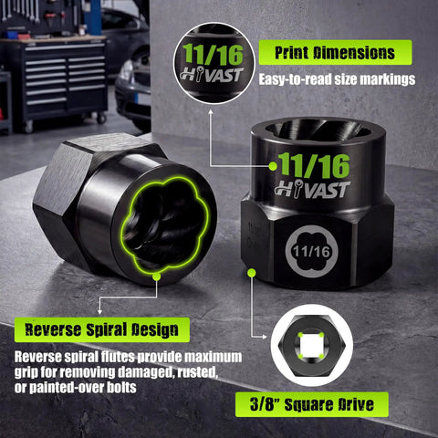 Hyvast Heavy Duty Impact Bolt Extractor Socket Set, 15 Pieces 3/8 Inch Drive, CR-MO Steel Bits For Effortless Removal Of Stripped Rusted Frozen Damaged Fasteners And Nuts. 11/16 socket with reverse spiral design