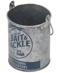 Vintage Style Metal Bucket For Fishing Gear And Home Decor Great For Tools Pencils Remotes And More Rustic Bait And Tackle Inspired Decor Storage Pail With Classic Garage Charm, 3.5" W x 4.375" H, silver metal, label "Lakeside Bait & Tackle."