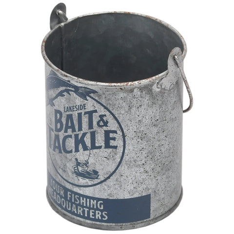 Vintage Style Metal Bucket For Fishing Gear And Home Decor Great For Tools Pencils Remotes And More Rustic Bait And Tackle Inspired Decor Storage Pail With Classic Garage Charm, 3.5" W x 4.375" H, silver metal, label "Lakeside Bait & Tackle."