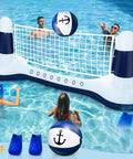 Inflatable Pool Volleyball Set With Yacht Theme Court, 9 Inch Volleyball, Weighted Water Bags, Tie Down Ropes, and Patches