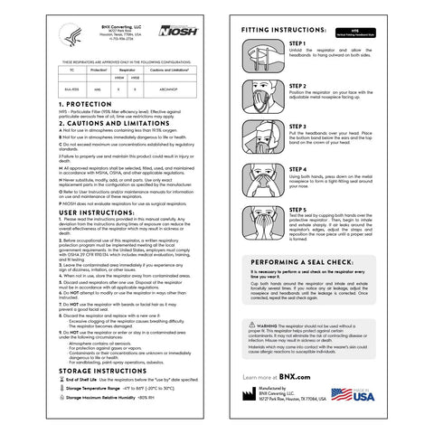 Instruction manual for NIOSH Approved N95 Respirator Mask Black 50 Pack Made In USA With Overhead Head Straps For A Tight Seal And 95 Percent Filtration