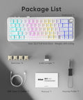 Package list for Next Level Tri Mode Wireless Mechanical Keyboard With Buttery Smooth Cnc Volume Knob, including switches and cables.