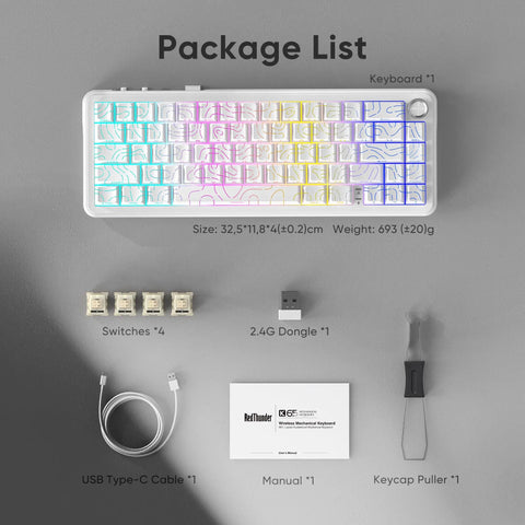 Package list for Next Level Tri Mode Wireless Mechanical Keyboard With Buttery Smooth Cnc Volume Knob, including switches and cables.