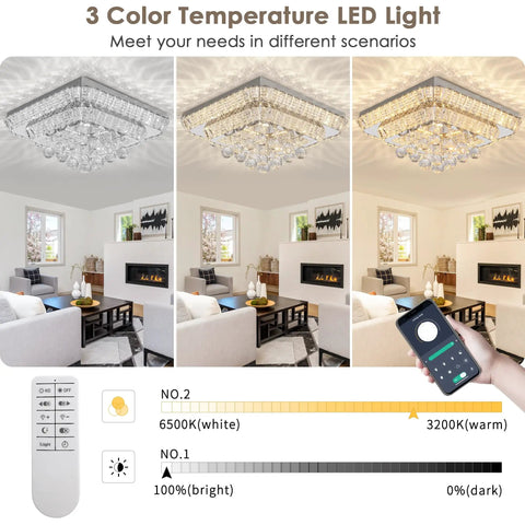 20 Inch Crystal Ceiling Light Flush Mount With Remote Control 3 Color Temperatures And Brightness Adjustable in living room