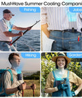 Wearable Belt Fan With 4 Speeds And Long Battery Life in use for fishing, jobsite, hiking, and gardening activities