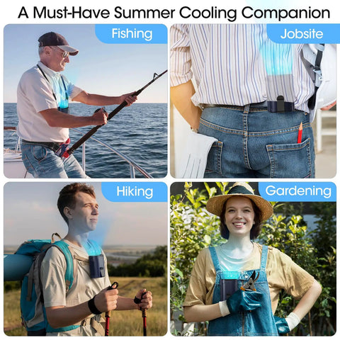 Wearable Belt Fan With 4 Speeds And Long Battery Life in use for fishing, jobsite, hiking, and gardening activities