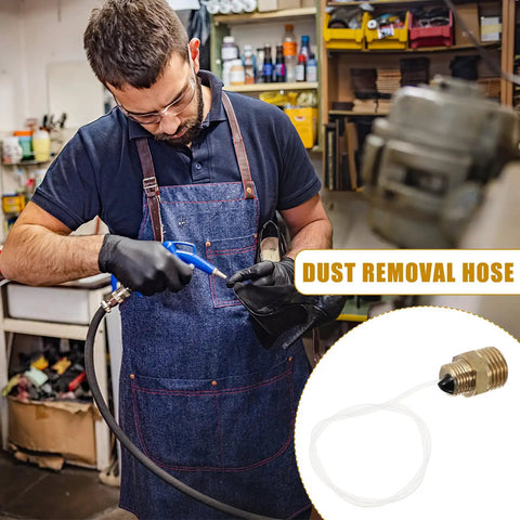 Heavy Duty Air Compressor Hose Slick Rotating Blow Gun Nozzle For Knocking Loose Dust And Road Grime From Car Interiors And Shop Gear Secure Pinch Resistant Couplings No Sweat Installation Process being used to clean a shoe.