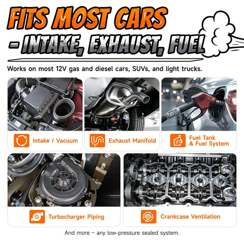 Image showing Plumb Line Evap Check Pro Grade Smoke And Air Leak Detector on various vehicle systems like intake, exhaust, and fuel.