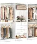 Hella Spacious Wood Closet System With Integrated Mirror Cabinet And Four Deep Storage Drawers, showcasing hanging clothes and storage.